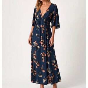 Dark teal Floral deep v-neck Maxi Dress